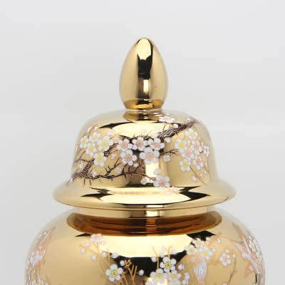 ASPIRE DESIGNS Gold Ginger Jar/White with Lid/Ceramic VASE or Flower vase for Home Decor (Gold Floral Design )