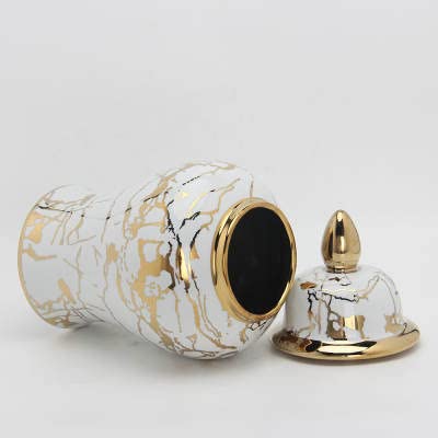 ASPIRE DESIGNS Gold/White Ginger Jar with Lid / Ceramic VASE or Flower vase for Home Decor- Gold (Gold & White Marble Design )