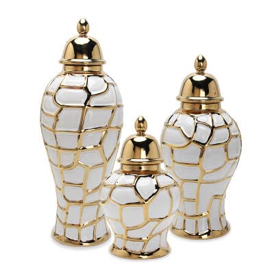 ASPIRE DESIGNS Gold Ginger Jar/ White with Lid / Ceramic VASE or Flower vase for Home Decor