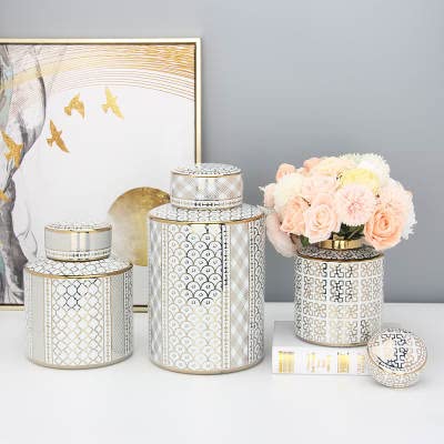ASPIRE DESIGNS Gold Ginger Jar/White with Lid/Ceramic VASE/Canister Set/White/Gold ca or Flower vase for Home Decor