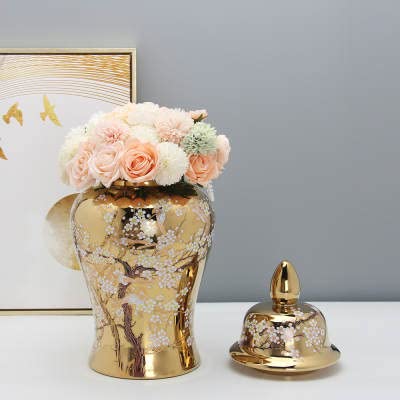 ASPIRE DESIGNS Gold Ginger Jar/White with Lid/Ceramic VASE or Flower vase for Home Decor (Gold Floral Design )