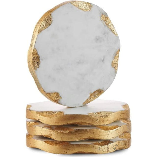 Aspire Designs Set of 4 Natural Marble Coasters with Gold Edge, Suitable for Any Cup, Coffee Mug, Wine Glasses, Cute Housewarming Gifts, (Gold Square Set of 4)