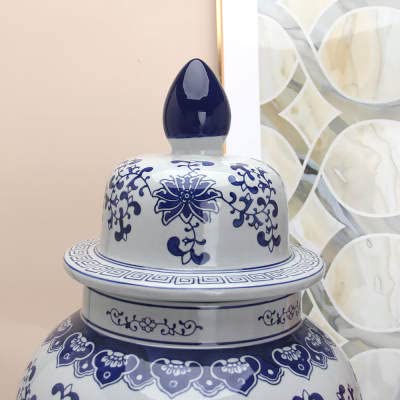 ASPIRE DESIGNS Blue Ginger Jar/White with Lid/Ceramic or Flower vase for Home Decor