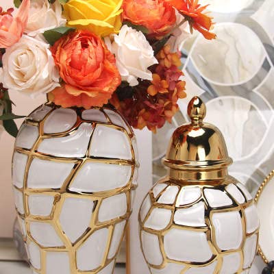 ASPIRE DESIGNS Gold Ginger Jar/ White with Lid / Ceramic VASE or Flower vase for Home Decor