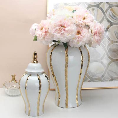 ASPIRE DESIGNS Gold Ginger Jar/ White with Lid / Ceramic VASE or Flower vase for Home Decor (Gold/ White )