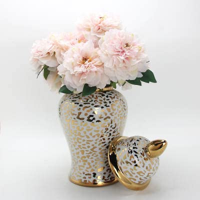 ASPIRE DESIGNS Leopard Design Gold Ginger Jar/White with Lid/Ceramic VASE or Flower vase for Home Decor (Large Leopard Design 19" H)