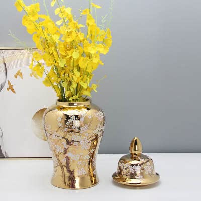 ASPIRE DESIGNS Gold Ginger Jar/White with Lid/Ceramic VASE or Flower vase for Home Decor (Gold Floral Design )