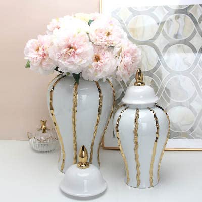 ASPIRE DESIGNS Gold Ginger Jar/ White with Lid / Ceramic VASE or Flower vase for Home Decor (Gold/ White )