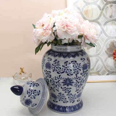 ASPIRE DESIGNS Blue Ginger Jar/White with Lid/Ceramic or Flower vase for Home Decor