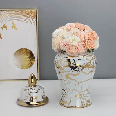 ASPIRE DESIGNS Gold/White Ginger Jar with Lid / Ceramic VASE or Flower vase for Home Decor- Gold (Gold & White Marble Design )