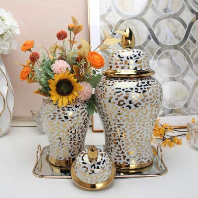 ASPIRE DESIGNS Leopard Design Gold Ginger Jar/White with Lid/Ceramic VASE or Flower vase for Home Decor (Large Leopard Design 19" H)