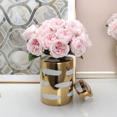 ASPIRE DESIGNS Gold/White Ginger Jar with Lid/Ceramic VASE or Flower vase/Gold Canister Set for Home Decor- Gold