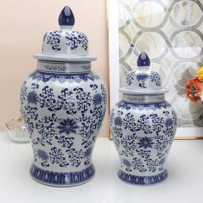 ASPIRE DESIGNS Blue Ginger Jar/White with Lid/Ceramic or Flower vase for Home Decor