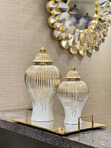 ASPIRE DESIGNS Gold/White Ginger Jar with Lid/Ceramic or Flower vase for Home Decor- Gold