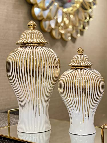 ASPIRE DESIGNS Gold/White Ginger Jar with Lid/Ceramic or Flower vase for Home Decor- Gold