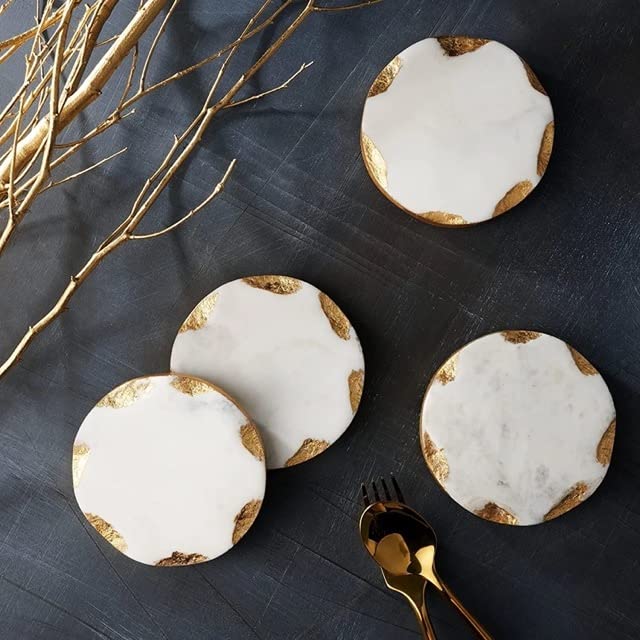 Aspire Designs Set of 4 Natural Marble Coasters with Gold Edge, Suitable for Any Cup, Coffee Mug, Wine Glasses, Cute Housewarming Gifts, (Gold Square Set of 4)