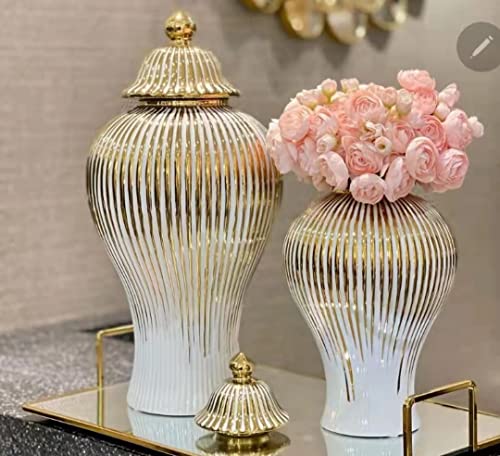 ASPIRE DESIGNS Gold/White Ginger Jar with Lid/Ceramic or Flower vase for Home Decor- Gold