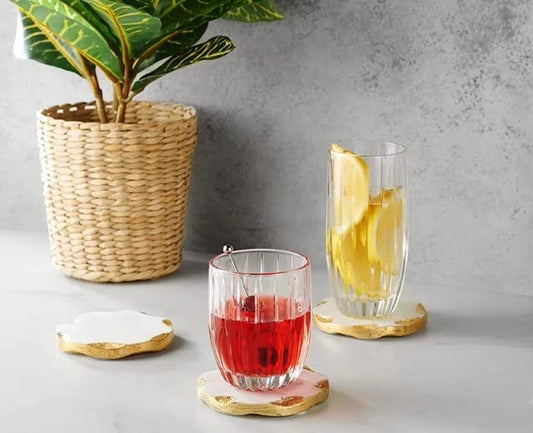 Aspire Designs Set of 4 Natural Marble Coasters with Gold Edge, Suitable for Any Cup, Coffee Mug, Wine Glasses, Cute Housewarming Gifts, (Gold Square Set of 4)