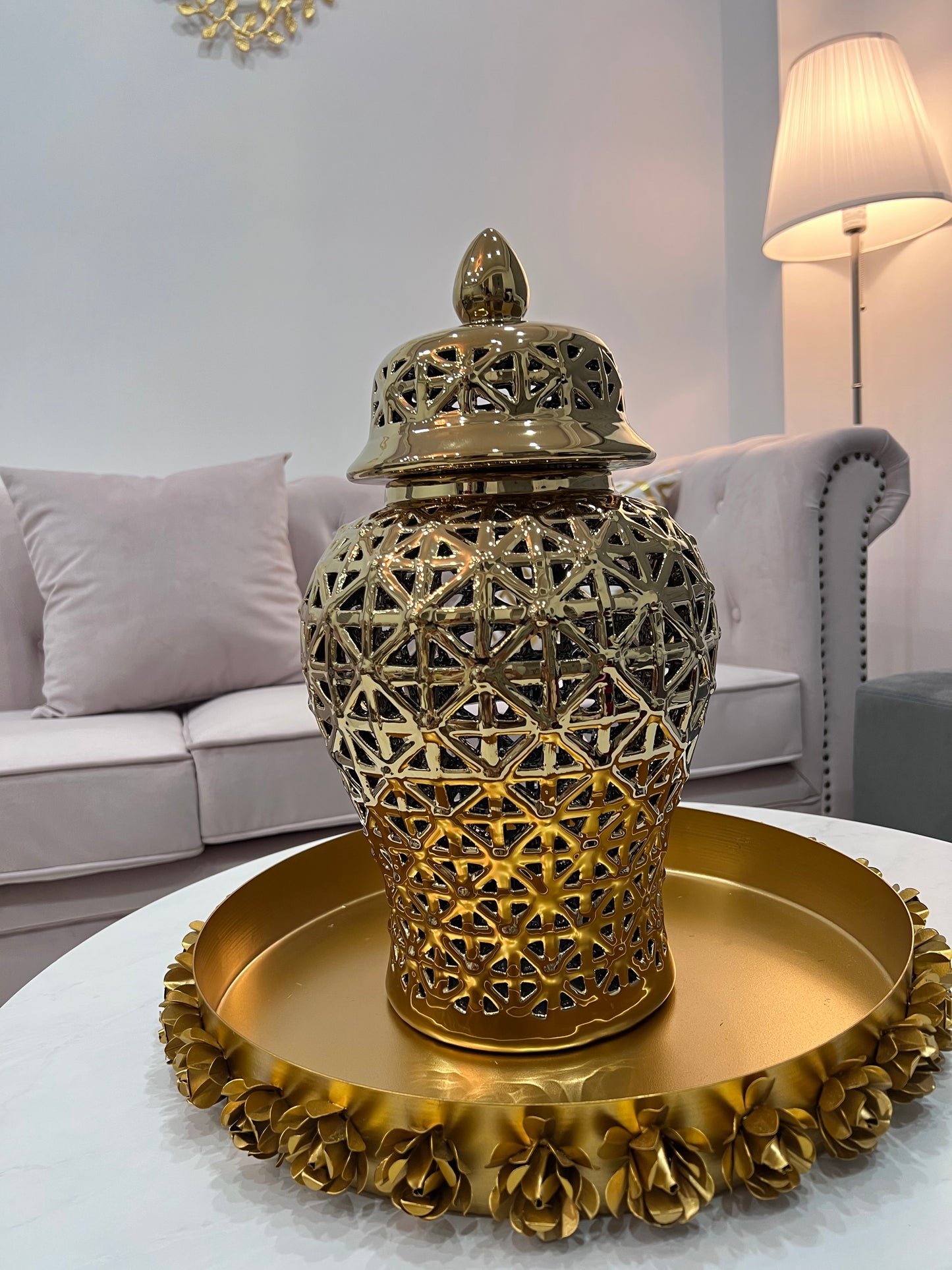 Round Metal Tray with Floral Edges