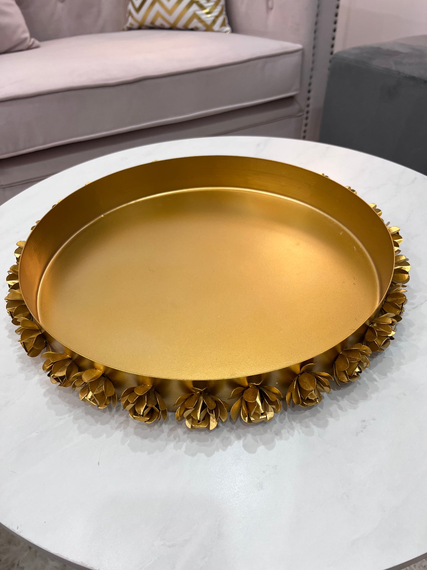 Round Metal Tray with Floral Edges