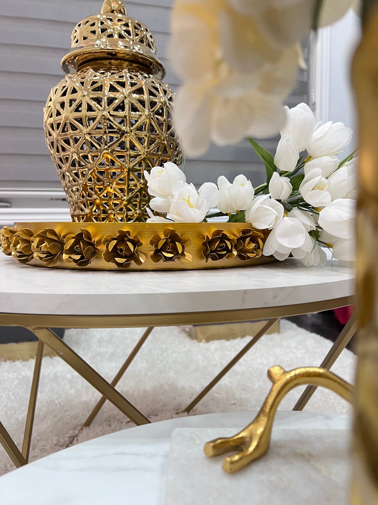 Round Metal Tray with Floral Edges