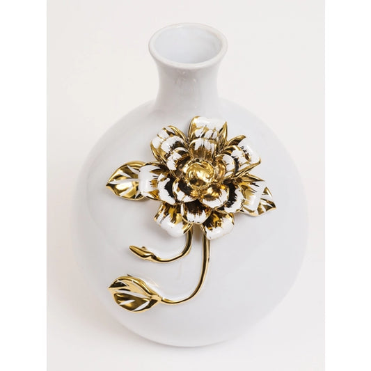 White Ceramic Vase Gold Floral Detail