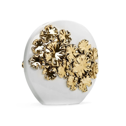 12" White Round Ceramic Vase Gold Floral Design