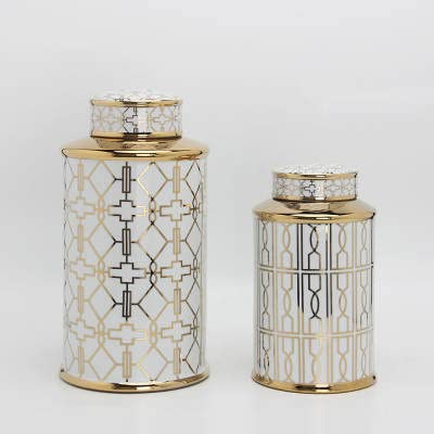 ASPIRE DESIGNS Gold Ginger Jar/White with Lid/Ceramic VASE / Canister set or Flower vase Set of 2 for Home Decor (Gold/White)