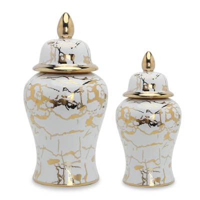 ASPIRE DESIGNS Gold/White Ginger Jar with Lid / Ceramic VASE or Flower vase for Home Decor- Gold (Gold & White Marble Design )