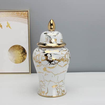 ASPIRE DESIGNS Gold/White Ginger Jar with Lid / Ceramic VASE or Flower vase for Home Decor- Gold (Gold & White Marble Design )