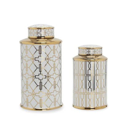 ASPIRE DESIGNS Gold Ginger Jar/White with Lid/Ceramic VASE / Canister set or Flower vase Set of 2 for Home Decor (Gold/White)