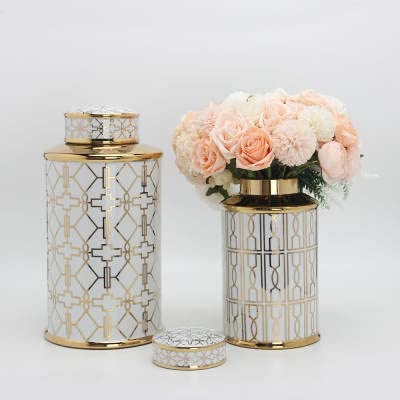 ASPIRE DESIGNS Gold Ginger Jar/White with Lid/Ceramic VASE / Canister set or Flower vase Set of 2 for Home Decor (Gold/White)