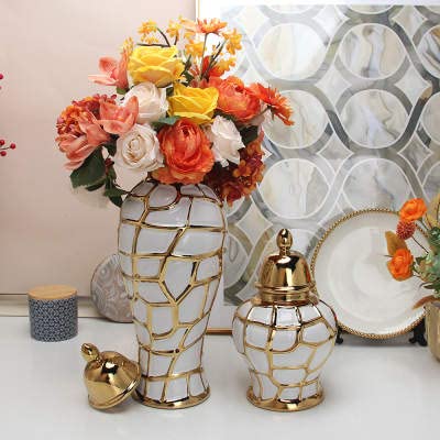 ASPIRE DESIGNS Gold Ginger Jar/ White with Lid / Ceramic VASE or Flower vase for Home Decor