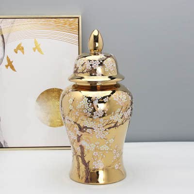 ASPIRE DESIGNS Gold Ginger Jar/White with Lid/Ceramic VASE or Flower vase for Home Decor (Gold Floral Design )