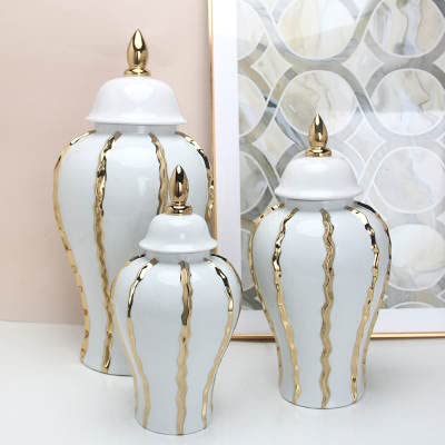 ASPIRE DESIGNS Gold Ginger Jar White with Lid Ceramic VASE or