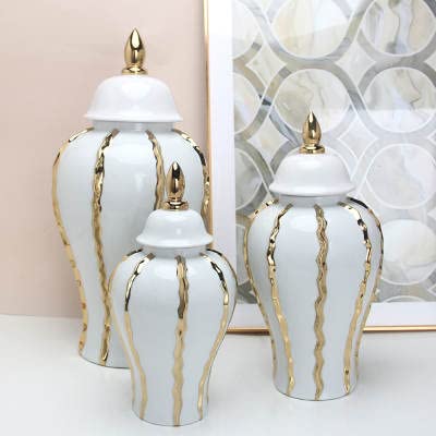 ASPIRE DESIGNS Gold Ginger Jar/ White with Lid / Ceramic VASE or Flower vase for Home Decor (Gold/ White )