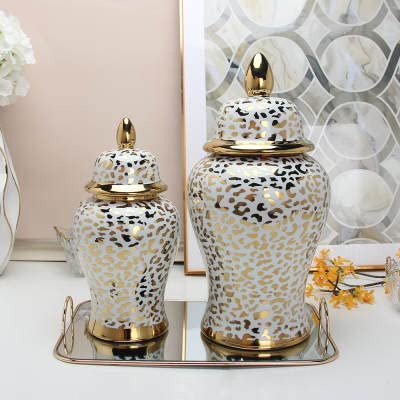 ASPIRE DESIGNS Leopard Design  Gold Ginger Jar/White with Lid/Ceramic VASE or Flower vase for Home Decor (Large Leopard Design 19" H)