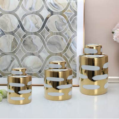 ASPIRE DESIGNS Gold/White Ginger Jar with Lid/Ceramic VASE or Flower vase/Gold Canister Set for Home Decor- Gold