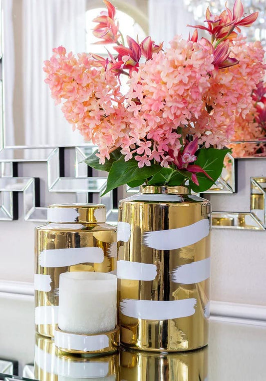 ASPIRE DESIGNS Gold/White Ginger Jar with Lid/Ceramic VASE or Flower vase/Gold Canister Set for Home Decor- Gold