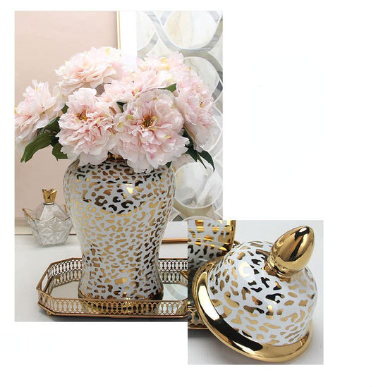 ASPIRE DESIGNS Leopard Design  Gold Ginger Jar/White with Lid/Ceramic VASE or Flower vase for Home Decor (Large Leopard Design 19" H)