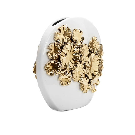 12" White Round Ceramic Vase Gold Floral Design