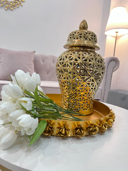 Round Metal Tray with Floral Edges