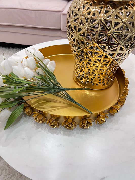 Round Metal Tray with Floral Edges