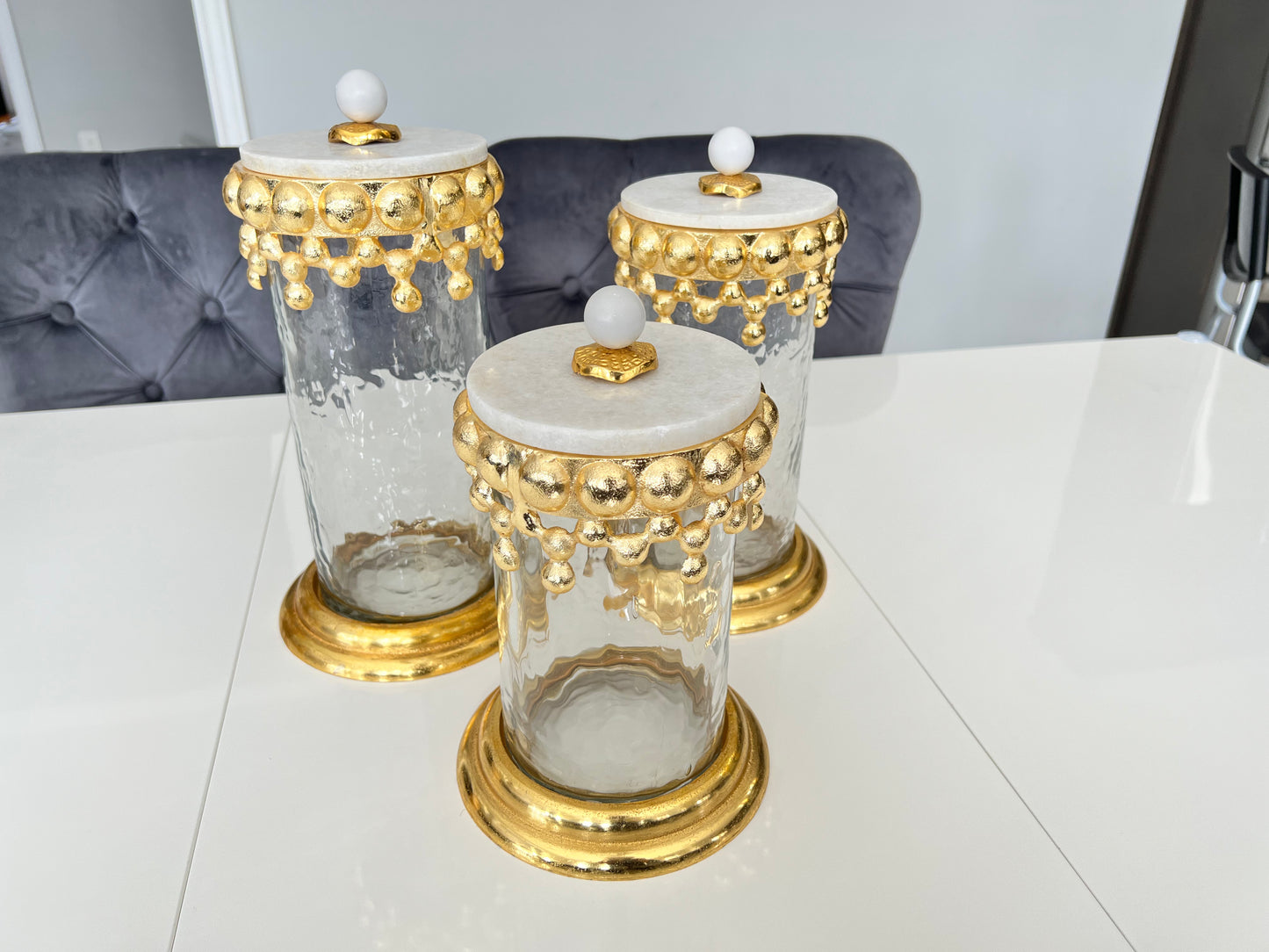 Gold Beaded Canisters with Marble Lid ( 3 sizes)